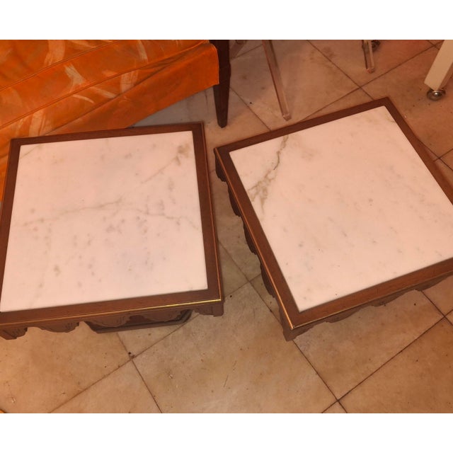 1910-20 Italian Venetian Regency Carved Mahogany/ Gilt Marble Topped Side/ Accent Tables a - Pair For Sale - Image 11 of 12