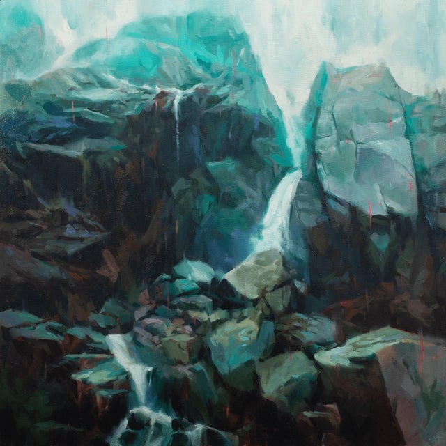 Fractured Dream by Judd Mercer | Oil on panel Painting of a rocky landscape with waterfalls. For Sale