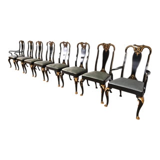 Baker Furniture Chinoiserie Queen Anne Black Lacquered and Gold Gilt Dining Chairs, Set of Eight For Sale