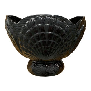 Vintage 1980’s High Gloss Black Glazed Ceramic Clam Shell Planter For Sale