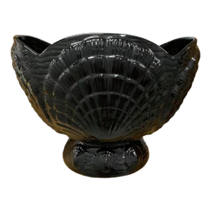Vintage 1980’s High Gloss Black Glazed Ceramic Clam Shell Planter