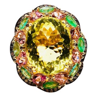 Bochic “Orient” Vintage Diamond, Lemon Quartz & Pink Tourmaline Ring Set 18 K Go For Sale