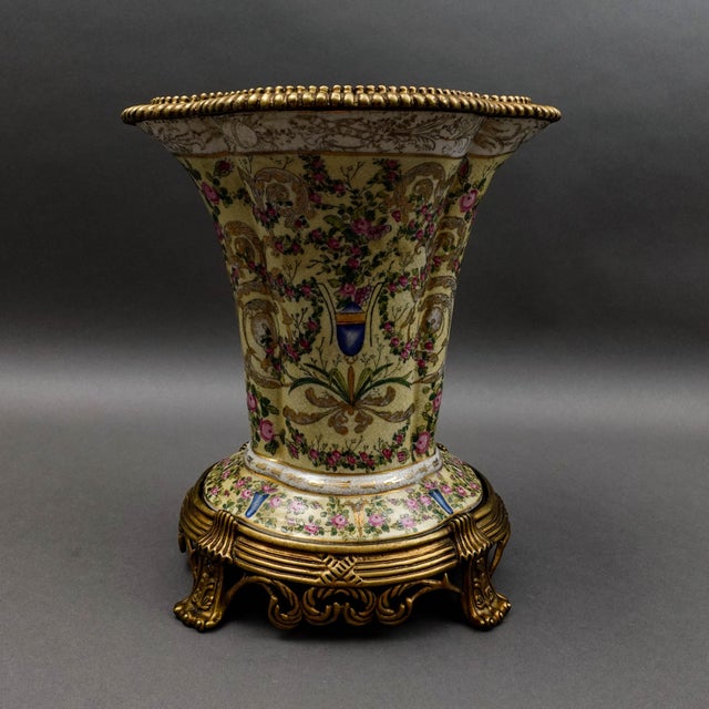 Mid 20th Century United Wilson UW 1897 Crackle Hand Painted Floral Bronze & Porcelain Vase For Sale - Image 5 of 10