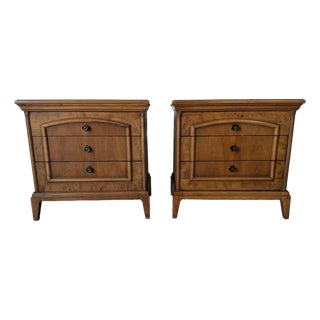 1970s Mid-Century Burl Wood Three-Drawer Nightstands – Pair For Sale
