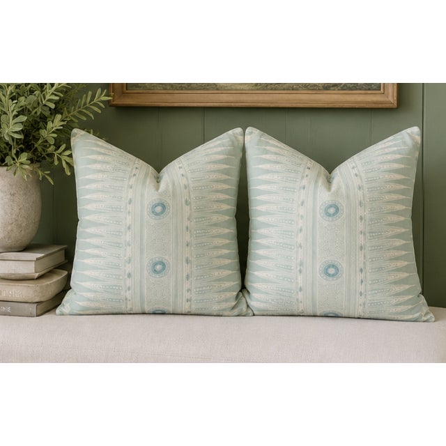 A beautiful pair of custom 22" x 22" pillows featuring Lee Jofa Indian Zag in Aqua, an iconic Suzanne Rheinstein textile....