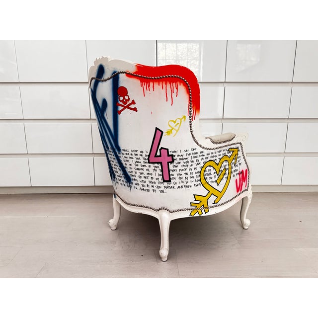Pair of Bespoke Jimmie Martin Hand-Painted White Leather Graffiti Armchairs For Sale In New York - Image 6 of 18