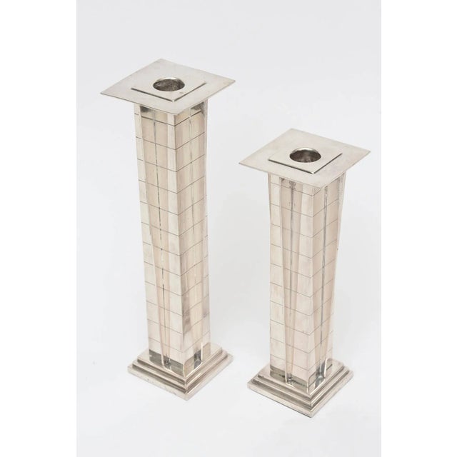 1990s Vintage Silver Plate Deco Style "Skyscraper" Candlesticks Pair Of, 90's For Sale - Image 5 of 10