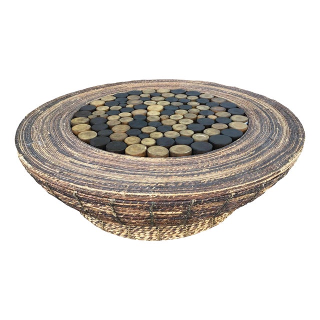 Woven Wicker Cocktail Table With Tropical Pole Center For Sale