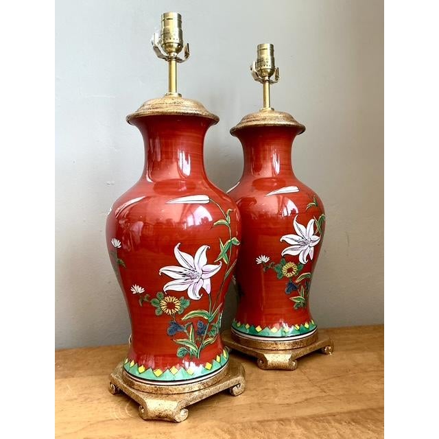 Red Vintage Hand Painted Glazed Ceramic Lamps - A Pair For Sale - Image 8 of 12