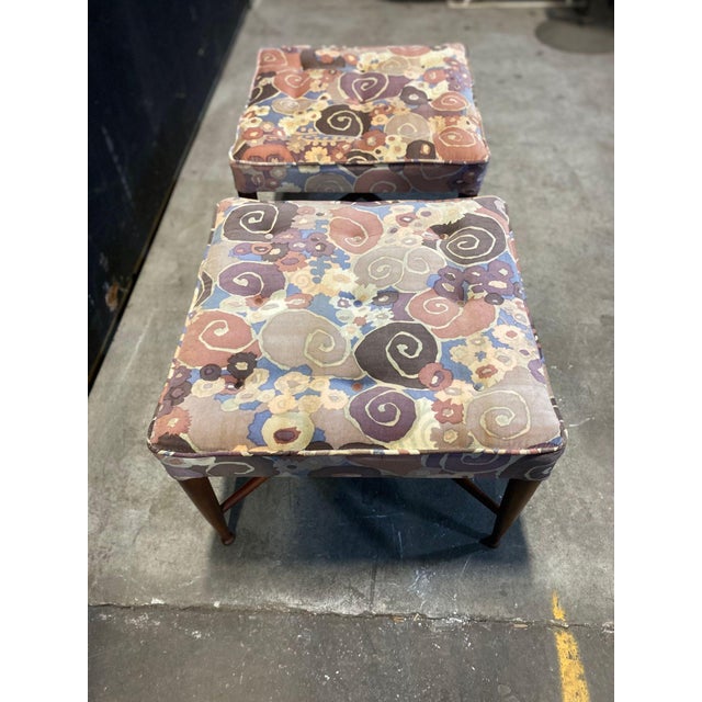 Mid-Century Modern 1950s A Pair of Thebes Stools Attributed to Dunbar in Jack Lenor Larsen Samarkand Velvet For Sale - Image 3 of 11