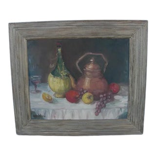 Mid 20th Century Tabletop Still Life Acrylic Painting with Fruit, Wine and Copper Tea Kettle, Framed For Sale