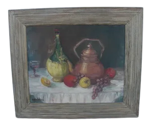 Mid 20th Century Tabletop Still Life Acrylic Painting with Fruit, Wine and Copper Tea Kettle, Framed
