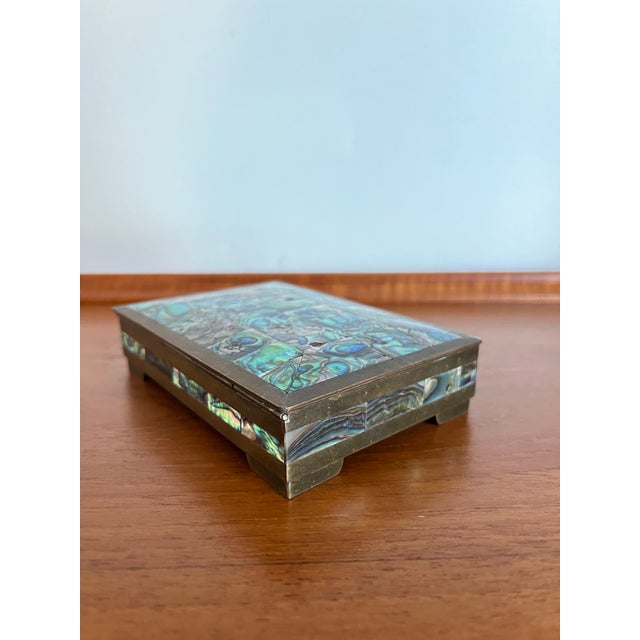 Vintage Taxco Mexico Brass & Abalone Shell Mosaic Jewelry Box, Mid-Century For Sale - Image 12 of 12
