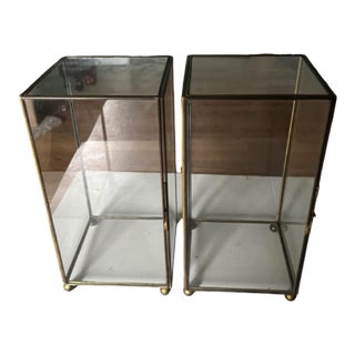 Pair Vintage Brass/Glass Tabletop Display Cabinets or Boxes Knob Feet For Sale