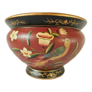 Red & Black Tropical Paradise Floral Bird Gold Trim Stencil Decorative Indoor Planter For Sale