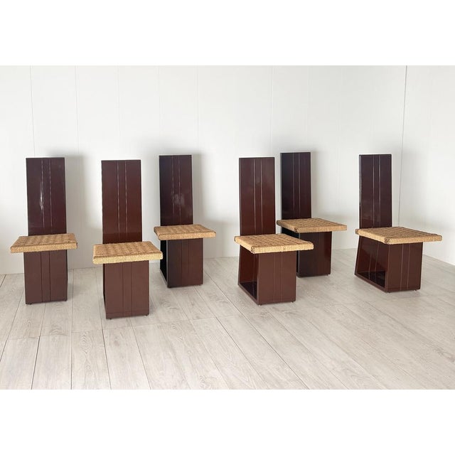 Dining Chairs in Lacquered Wood and Straw Seat, Italy, 1970s, Set of 6, in Very Good conditions. Designed 1970 to 1979