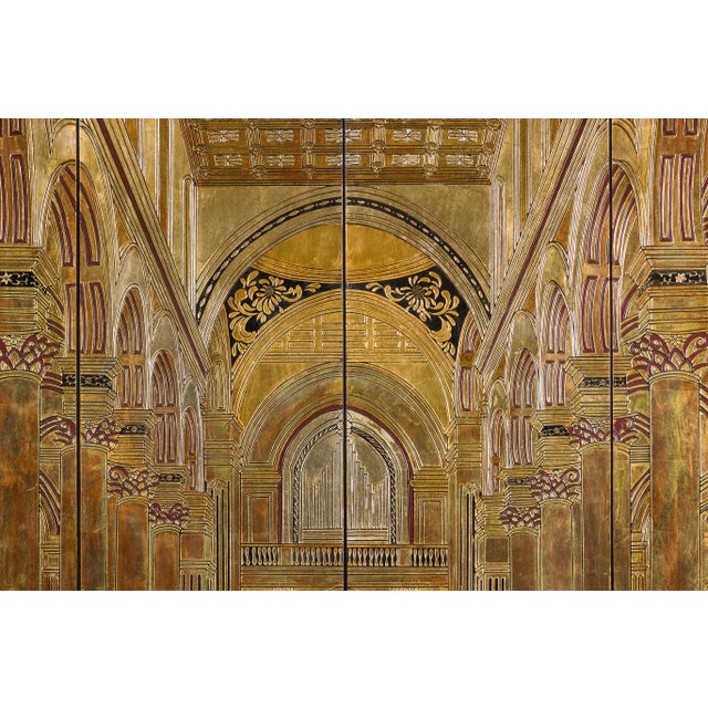 Renaissance-Inspired 4-Panel Gilded Screen with Raised Architectural Design For Sale - Image 11 of 12