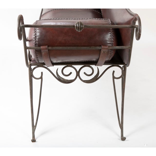 French Wrought Iron and Leather Upholstered Sofa For Sale - Image 4 of 12