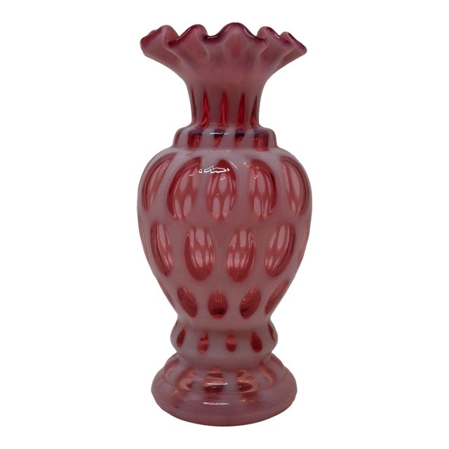 Victorian Cranberry Opalescent Coin Spot Vase Northwood Glass 6" Ruffled Rim Antique Eapg For Sale