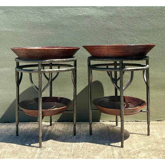 This striking pair of vintage side tables beautifully marries organic textures with structural elegance. Featuring hand-...