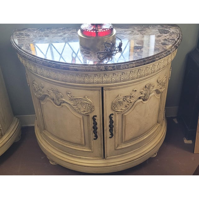 Wood 1990s Fine Pair of Contemporary Marble Top Demilune Dresser For Sale - Image 7 of 10