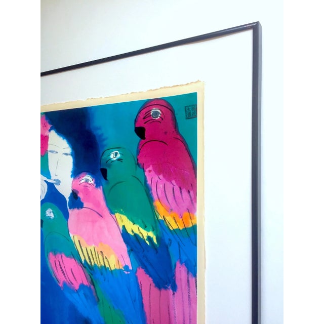Royal Blue Walasse Ting Vintage Large Framed Offset Lithograph Print "Can I Give You a Parrot ?" 1983 For Sale - Image 8 of 13
