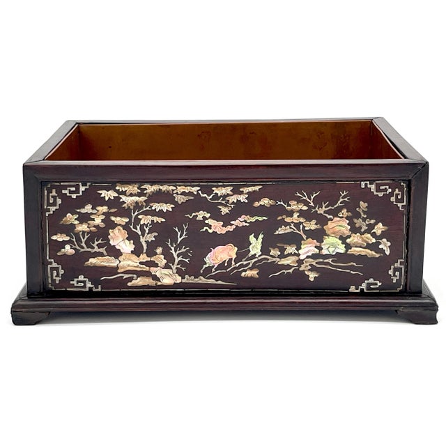 Brown Antique Chinese Mother of Pearl Inlaid Hardwood Jardinière with Copper Liner For Sale - Image 8 of 12