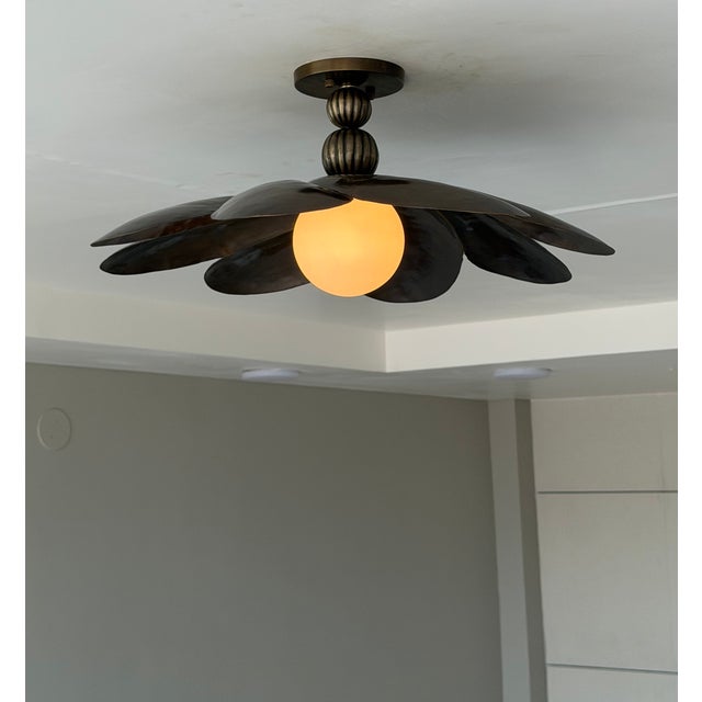 Black Antique Brass Semi Flush Mount Light Fixture, Handmade Flower Ceiling Light For Sale - Image 10 of 18