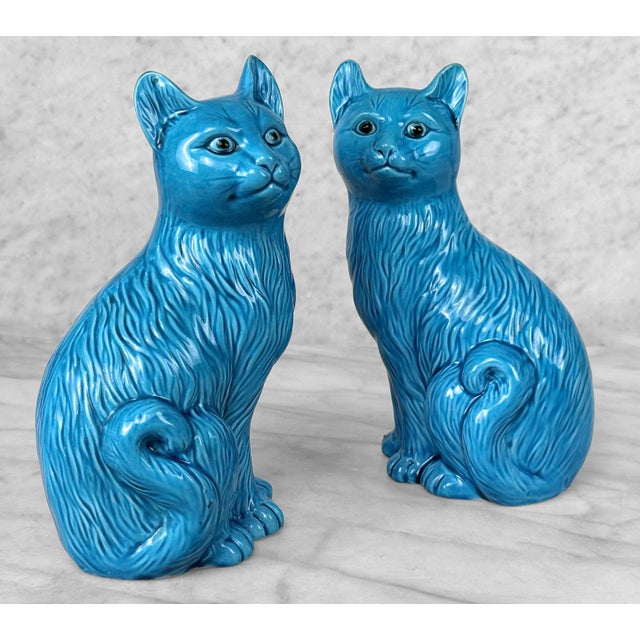 Ceramic Vintage Chinese Turquoise Blue Glazed Ceramic Mantle Cat Sculpture - A Pair For Sale - Image 7 of 10