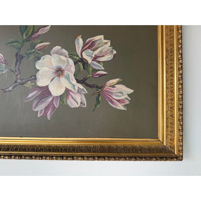 Vintage Magnolia Blossom Still Life Oil on Board Painting in Ornate Gold Wood Frame For Sale - Image 9 of 12