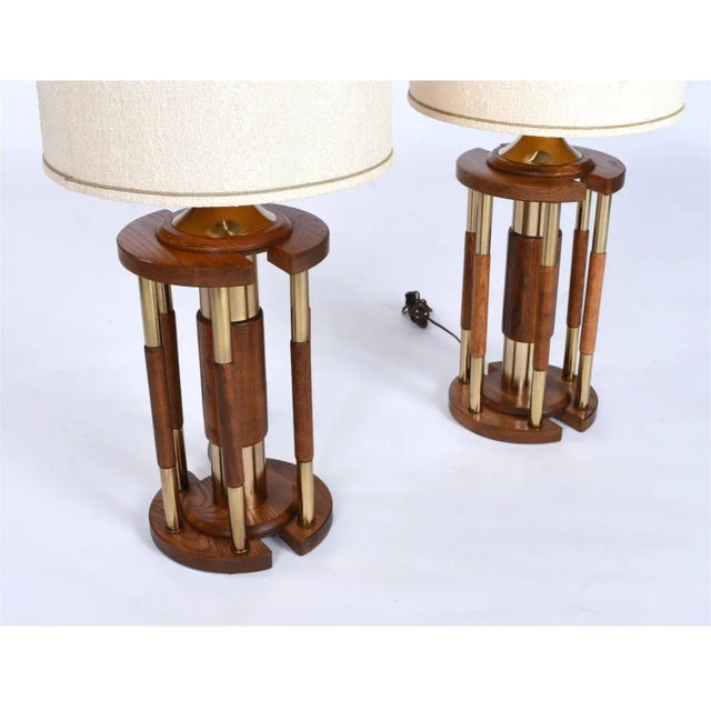 Pair Post Modern Gold Brass and Oak Wood Large Table Lamps For Sale - Image 10 of 10