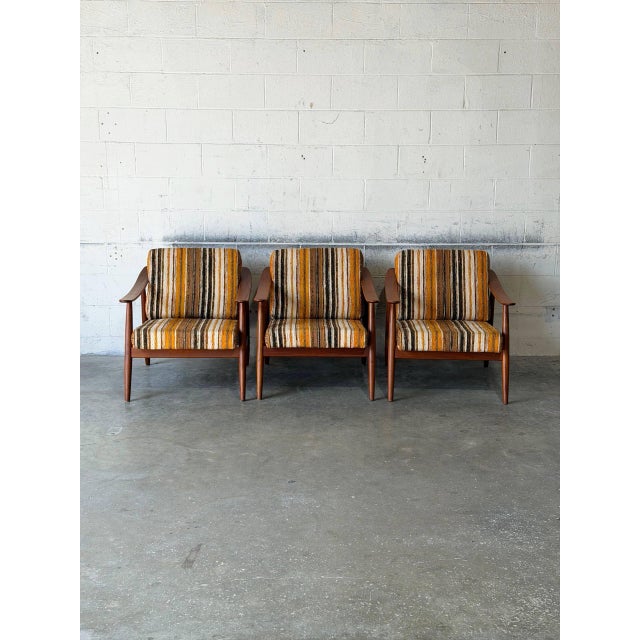 Mid-Century Modern Solid Teak Lounge Armchairs in Style of Folke Ohlsson Set of 3 Striped Upholstery Danish Mid-Century Modern 1960s For Sale - Image 3 of 12