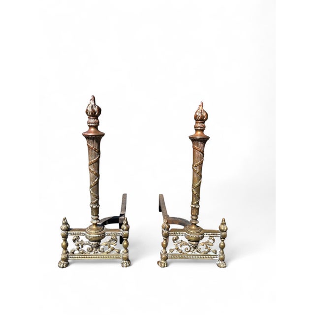Andirons Louis XVI Style Flame Torch Antique Brass a Pair For Sale - Image 9 of 12