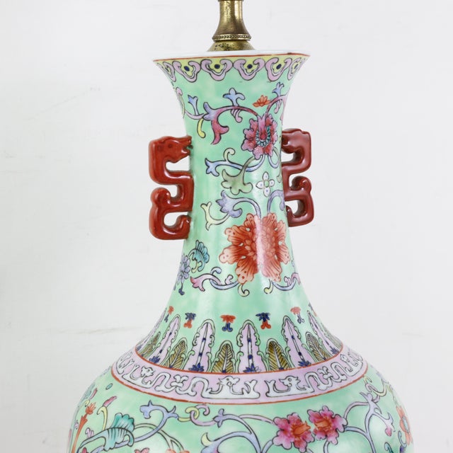 Vintage Chinese Famille Rose Lime Green Porcelain Vase Lamp With Lotus and Peony Scrollwork For Sale - Image 12 of 16