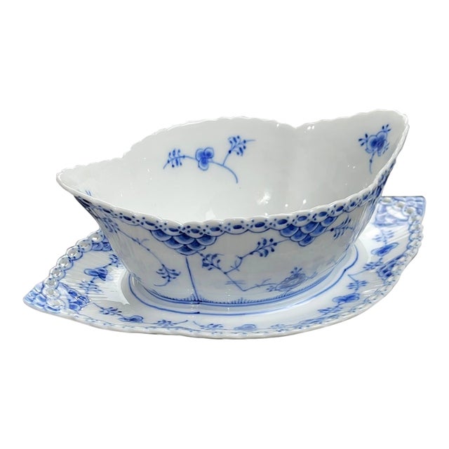 Vintage Royal Copenhagen Blue Fluted Half Lace Gravy Boat With Under Plate For Sale