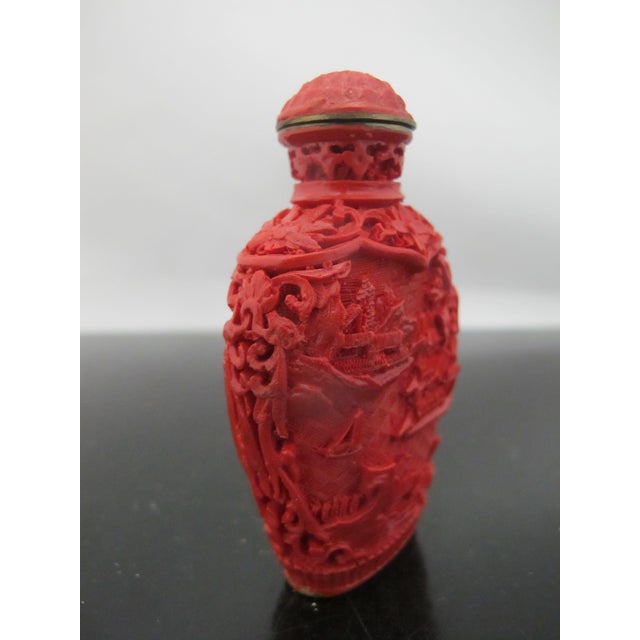 Mid 20th Century Vintage Chinese Carved Red Cinnabar Lacquer Village Scene Snuff Bottle For Sale - Image 5 of 11