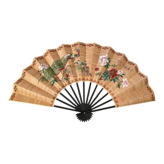 Vintage Large Chinese Fan Hand Painted Bamboo Peacock & Peony. 62x36” Signed For Sale