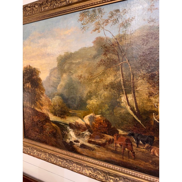 19th Century Oil on Canvas "Cattle Watering by the Stream" For Sale - Image 10 of 12