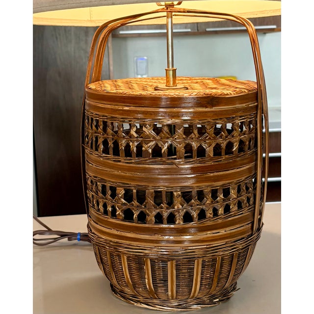 Vintage Coastal Woven Rattan Table Lamp With Sueded Shade For Sale - Image 11 of 14