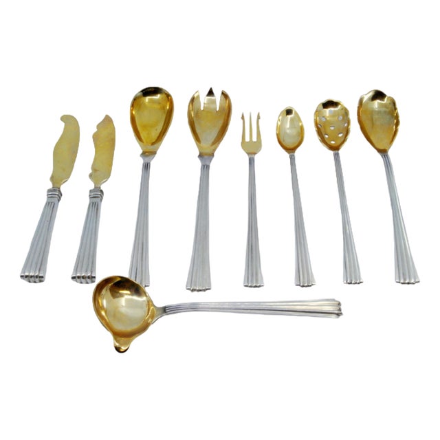 Reed Style Gold Cutlery with Raised Handles, Set of 9 For Sale