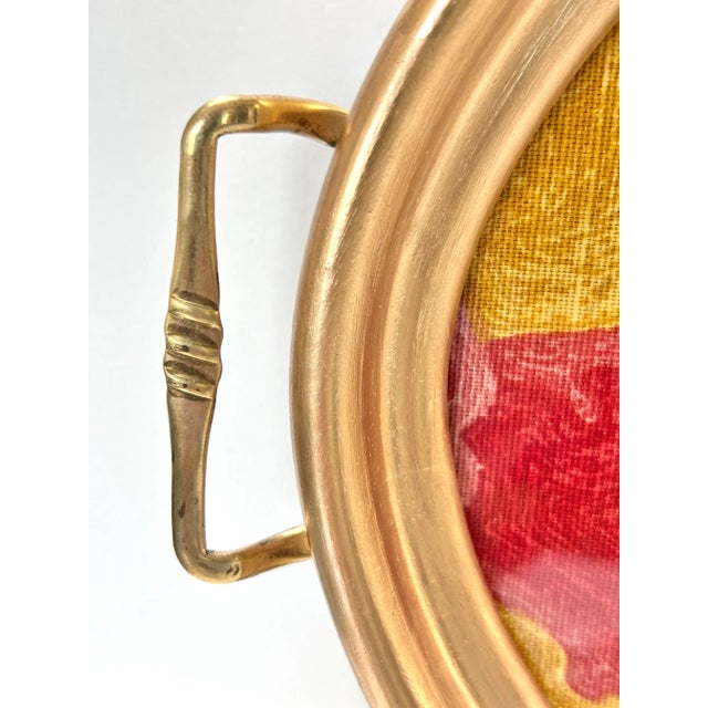 Oval Brass Gallery Tray With Floral Fabric Insert – Vintage Serving Tray, Bar Cart Decor For Sale - Image 11 of 12