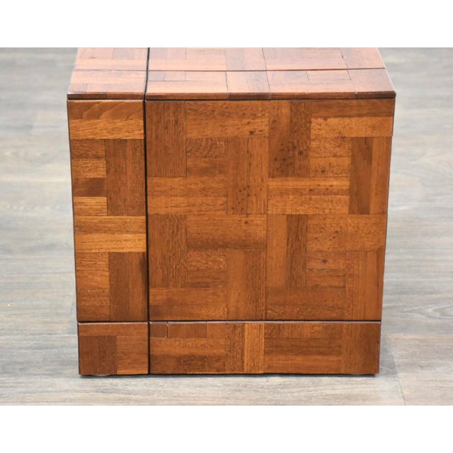 A mid century modern cube end table made of tessellated teak blocks. Can be used as a low pedestal or side table. Some...