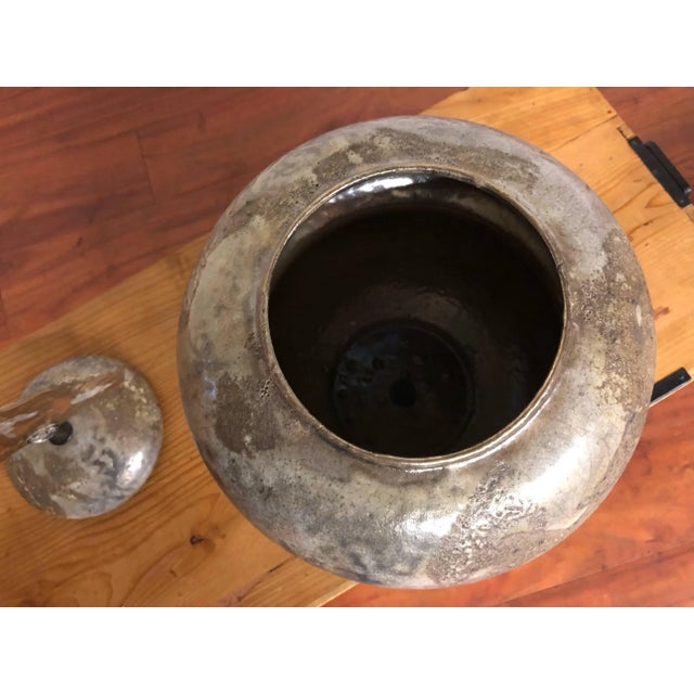 Late 20th Century Tony Evans Signed Raku Pottery Urn With Handmade Glass Handle For Sale - Image 5 of 11