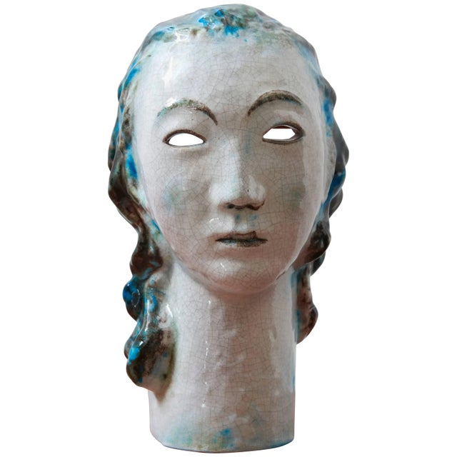 Ceramic Girl with Blue Hair Portrait by Erwin Spuler for Majolica Manufactory of Karlsruhe, 1930s For Sale - Image 10 of 10