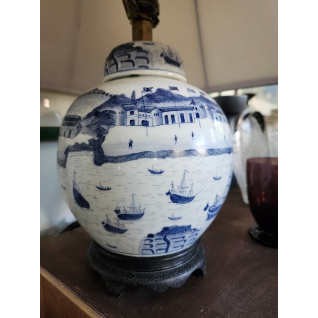 Chinese Vintage Nautical Chinese Blue White Porcelain Table Lamp For Sale - Image 3 of 9