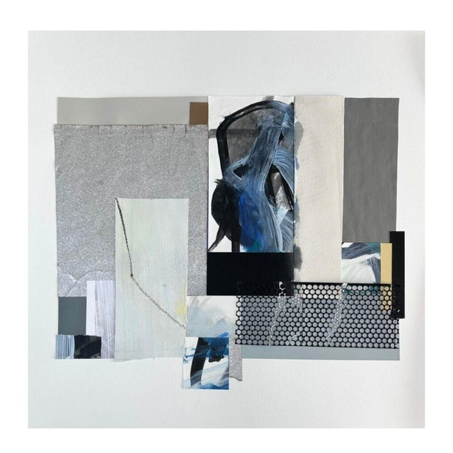 Seaglass + Sawdust — Set of 3 Modern Abstract Paper Collages — Blue, Grey & Silver Mixed Media With Stitching For Sale In New York - Image 6 of 7