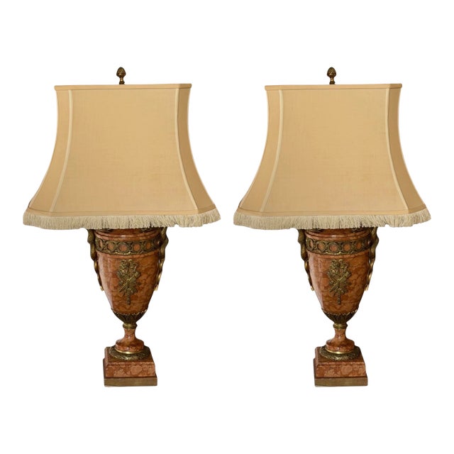 Pair of Antique Bronze Mounted Sienna Marble Serpent Table Lamps For Sale