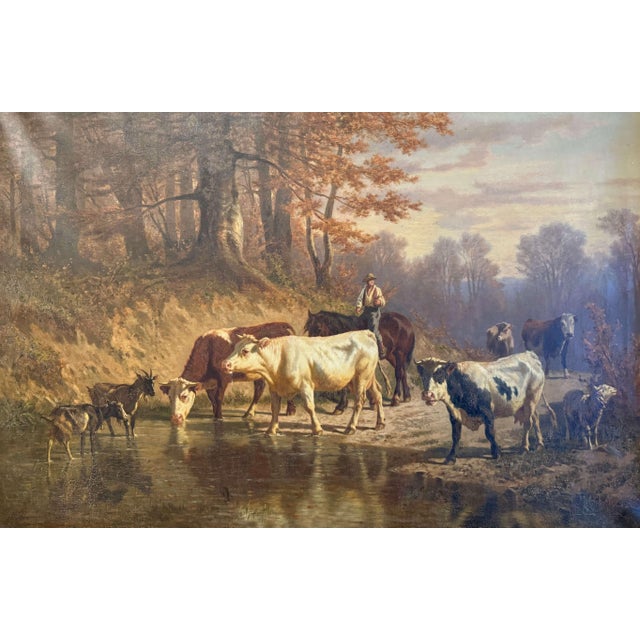 Beaux-Arts 19th Century Swiss Pastoral Cow Painting Signed Charles Humbert in Frame For Sale - Image 3 of 12