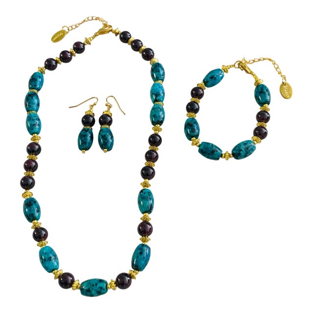 1990s Stauer Chrysocolla Beaded Necklace, Bracelet & Earrings Set With Original Box For Sale