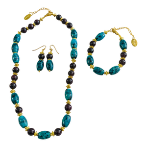 1990s Stauer Chrysocolla Beaded Necklace, Bracelet & Earrings Set With Original Box